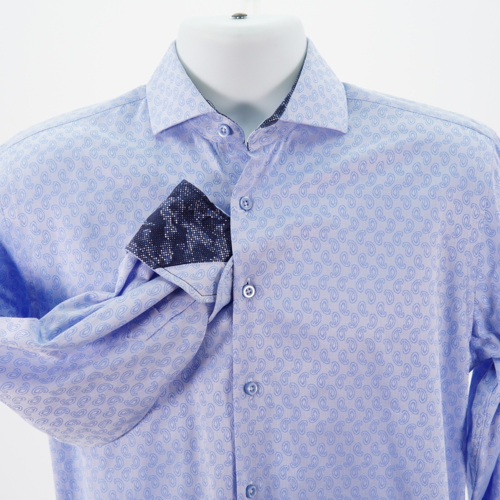 Visconti Black Blue Paisley Mens Small Dress Shirt Flip Cuff Cotton Modal LS